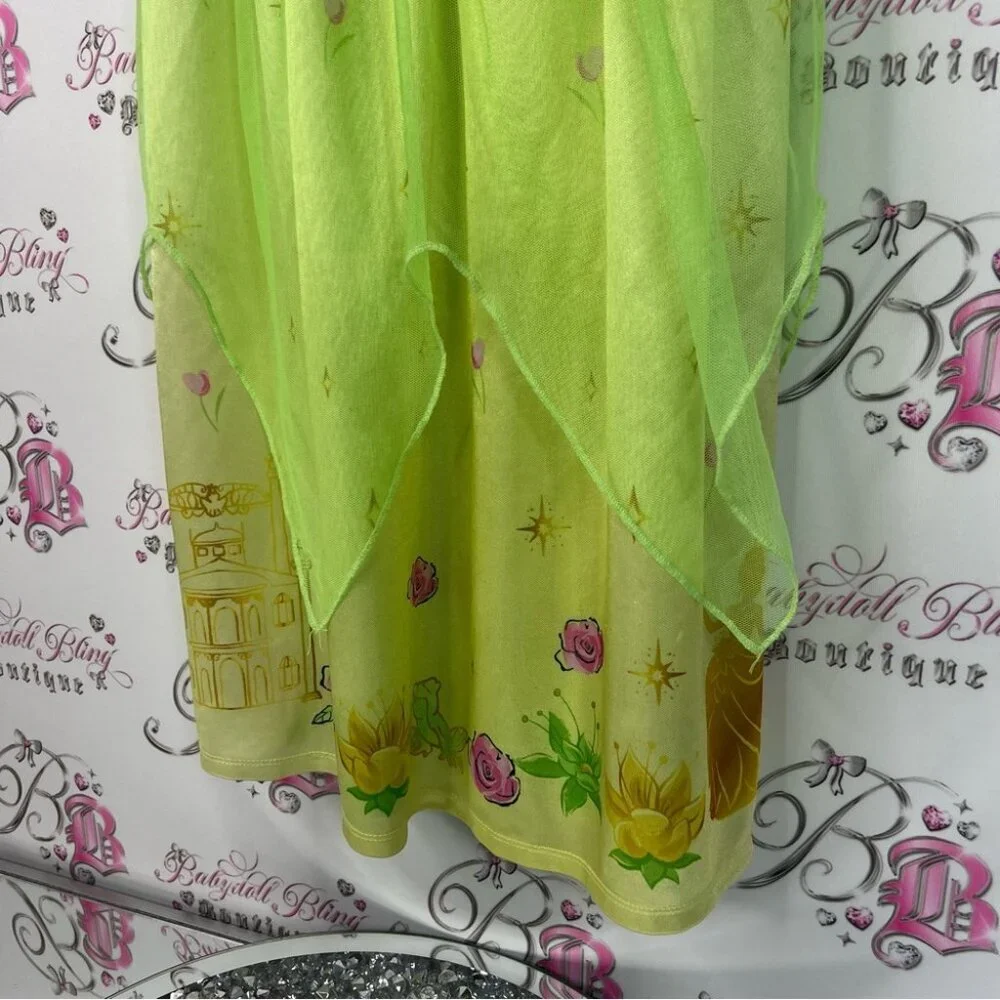 Disney dress costume frog floral ruffle Princess Lime Green Dress Halloween